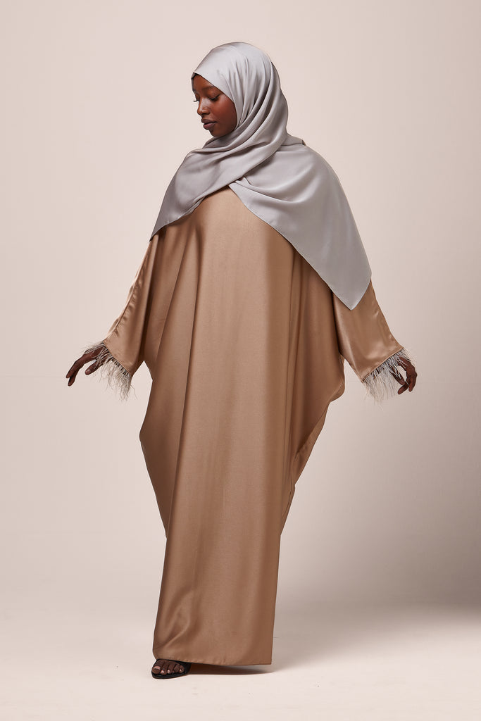 Beige Feathered Batwing Abaya