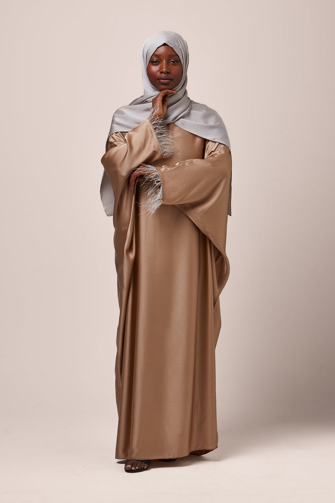 Beige Feathered Batwing Abaya