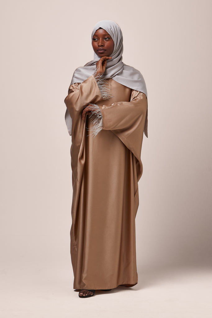 Beige Feathered Batwing Abaya