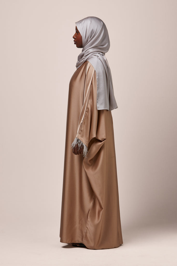 Beige Feathered Batwing Abaya