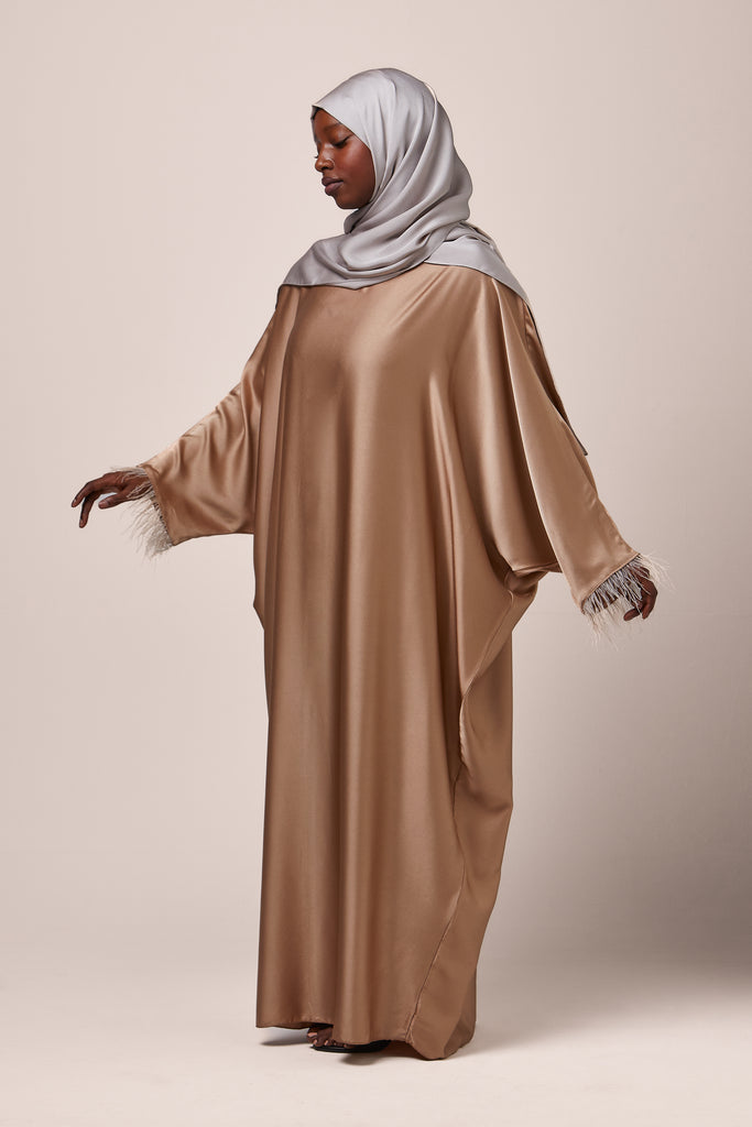 Beige Feathered Batwing Abaya