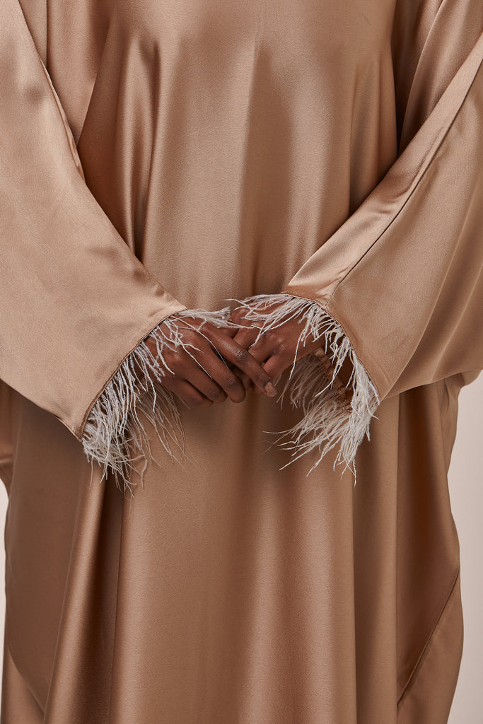 Beige Feathered Batwing Abaya