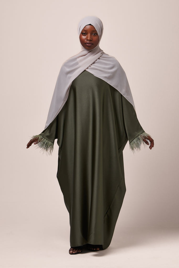 Khaki Feathered Batwing Abaya