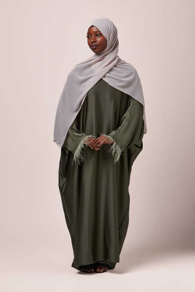 Khaki Feathered Batwing Abaya