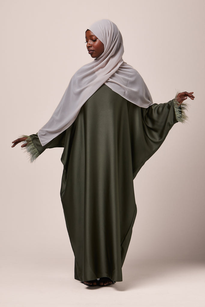 Khaki Feathered Batwing Abaya