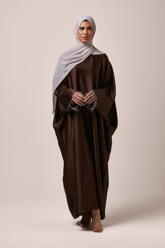 Brown Feathered Batwing Abaya